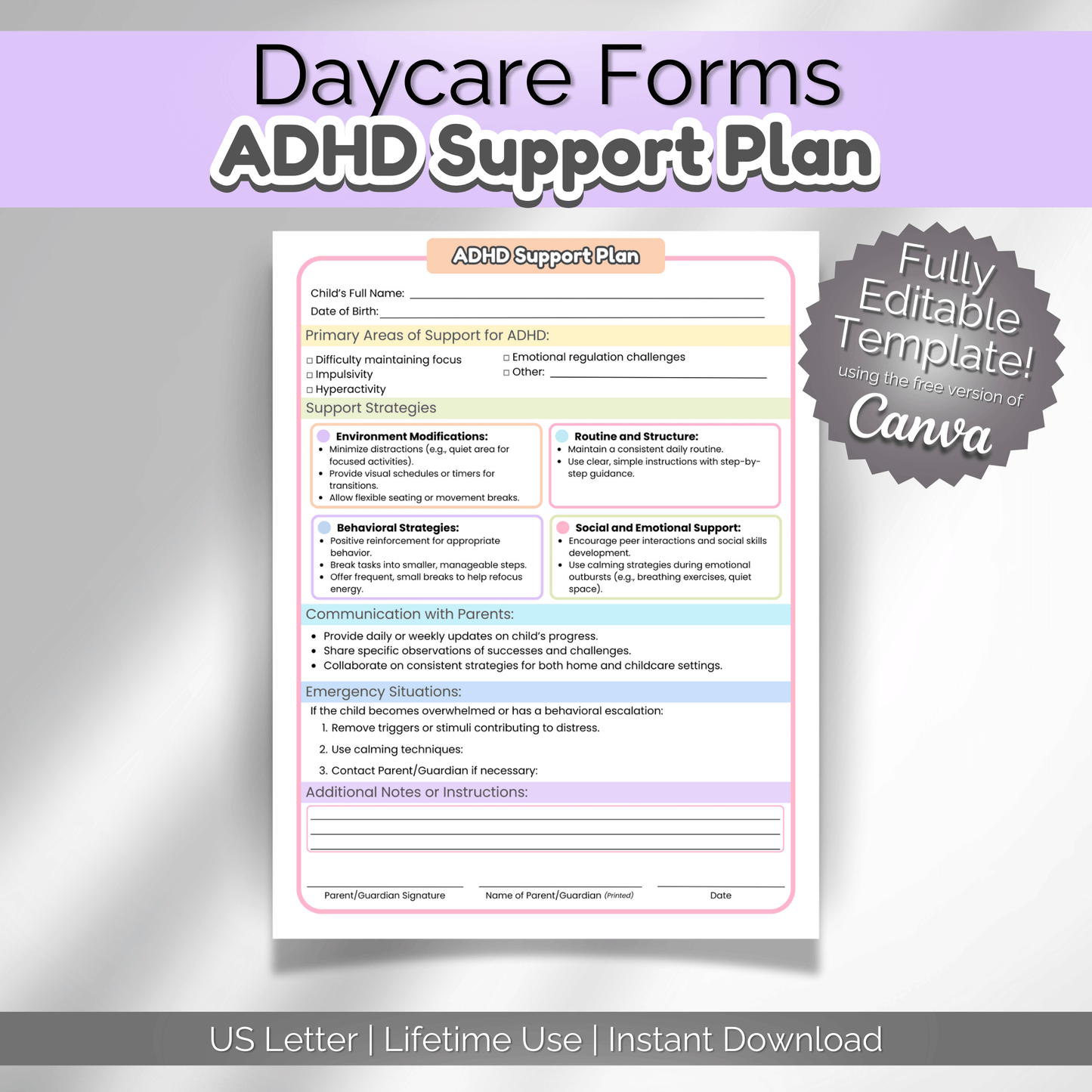 Daycare Forms ADHD Support Plan | Preschool Classroom Management