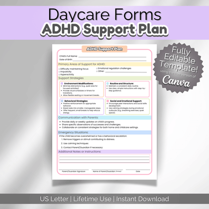 Daycare Forms ADHD Support Plan | Preschool Classroom Management