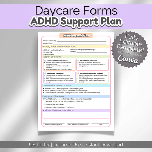 Daycare Forms ADHD Support Plan | Preschool Classroom Management