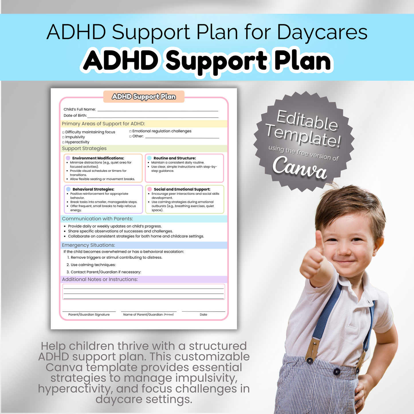 Daycare Forms ADHD Support Plan | Preschool Classroom Management