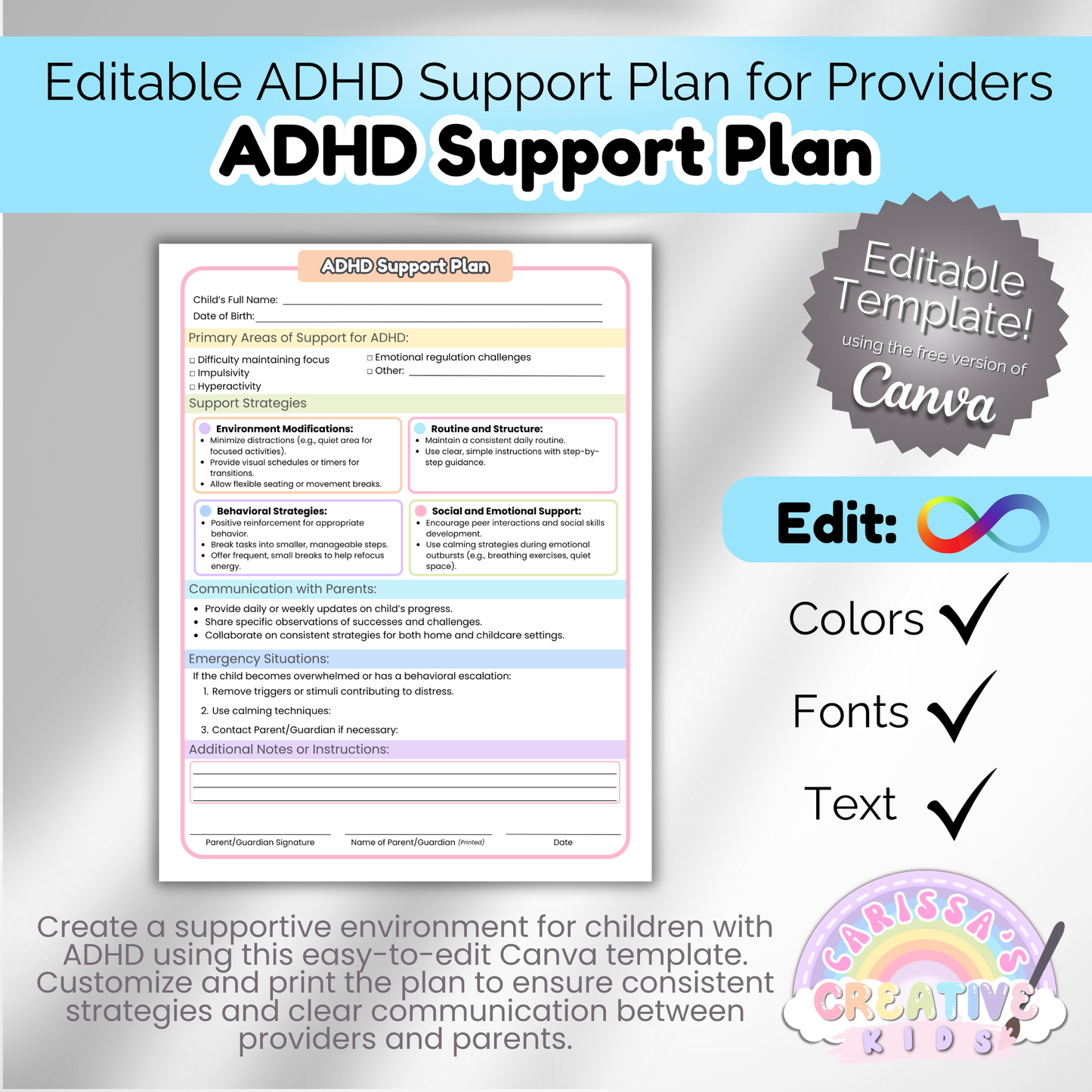 Daycare Forms ADHD Support Plan | Preschool Classroom Management