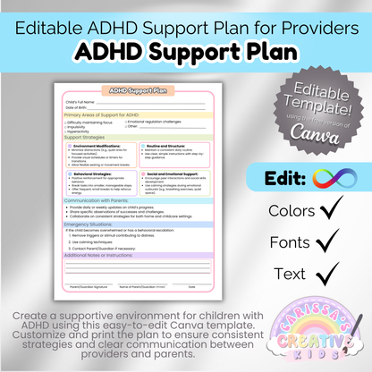 Daycare Forms ADHD Support Plan | Preschool Classroom Management
