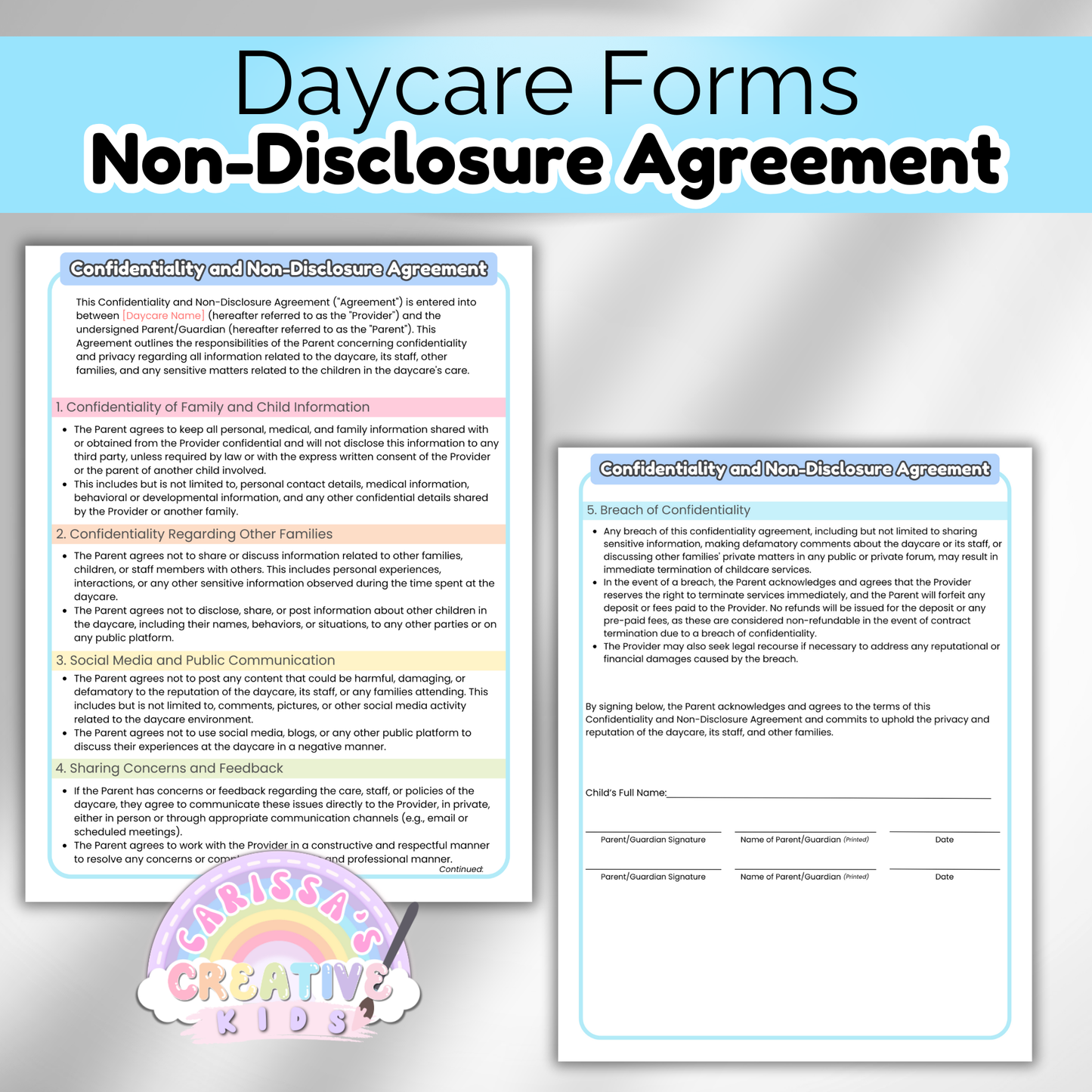Daycare NDA Forms- Non-Disclosure Agreement for Childcare Providers, Childcare Centers and Preschools.