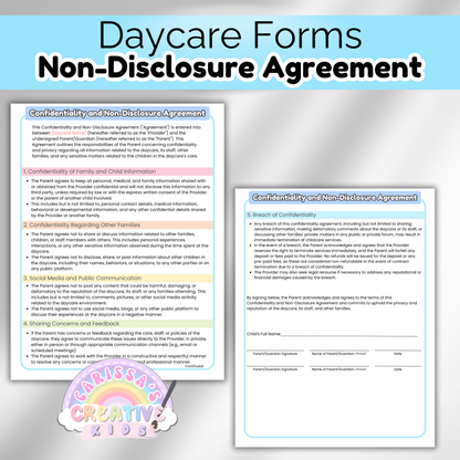 Daycare NDA Forms- Non-Disclosure Agreement for Childcare Providers, Childcare Centers and Preschools.