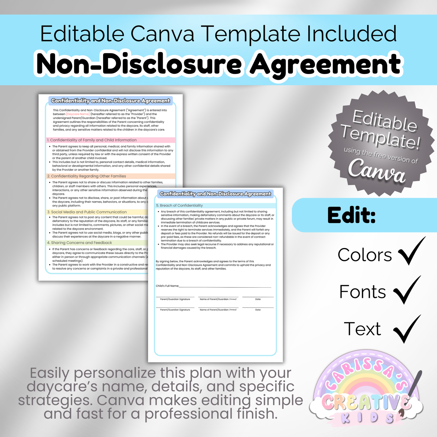 Daycare NDA Forms- Non-Disclosure Agreement for Childcare Providers, Childcare Centers and Preschools.