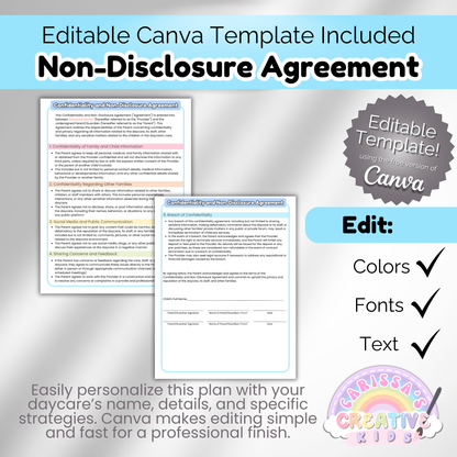 Daycare NDA Forms- Non-Disclosure Agreement for Childcare Providers, Childcare Centers and Preschools.
