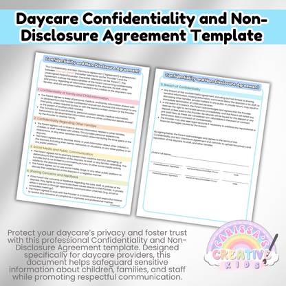 Daycare NDA Forms- Non-Disclosure Agreement for Childcare Providers, Childcare Centers and Preschools.