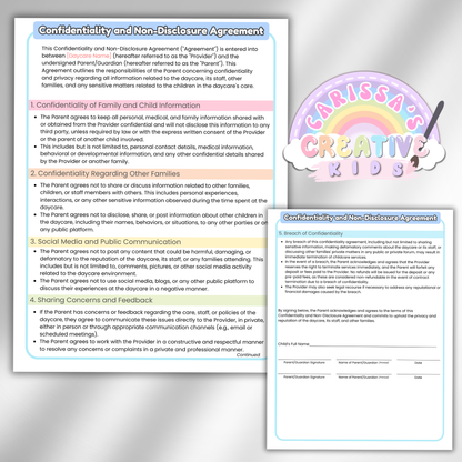 Daycare NDA Forms- Non-Disclosure Agreement for Childcare Providers, Childcare Centers and Preschools.