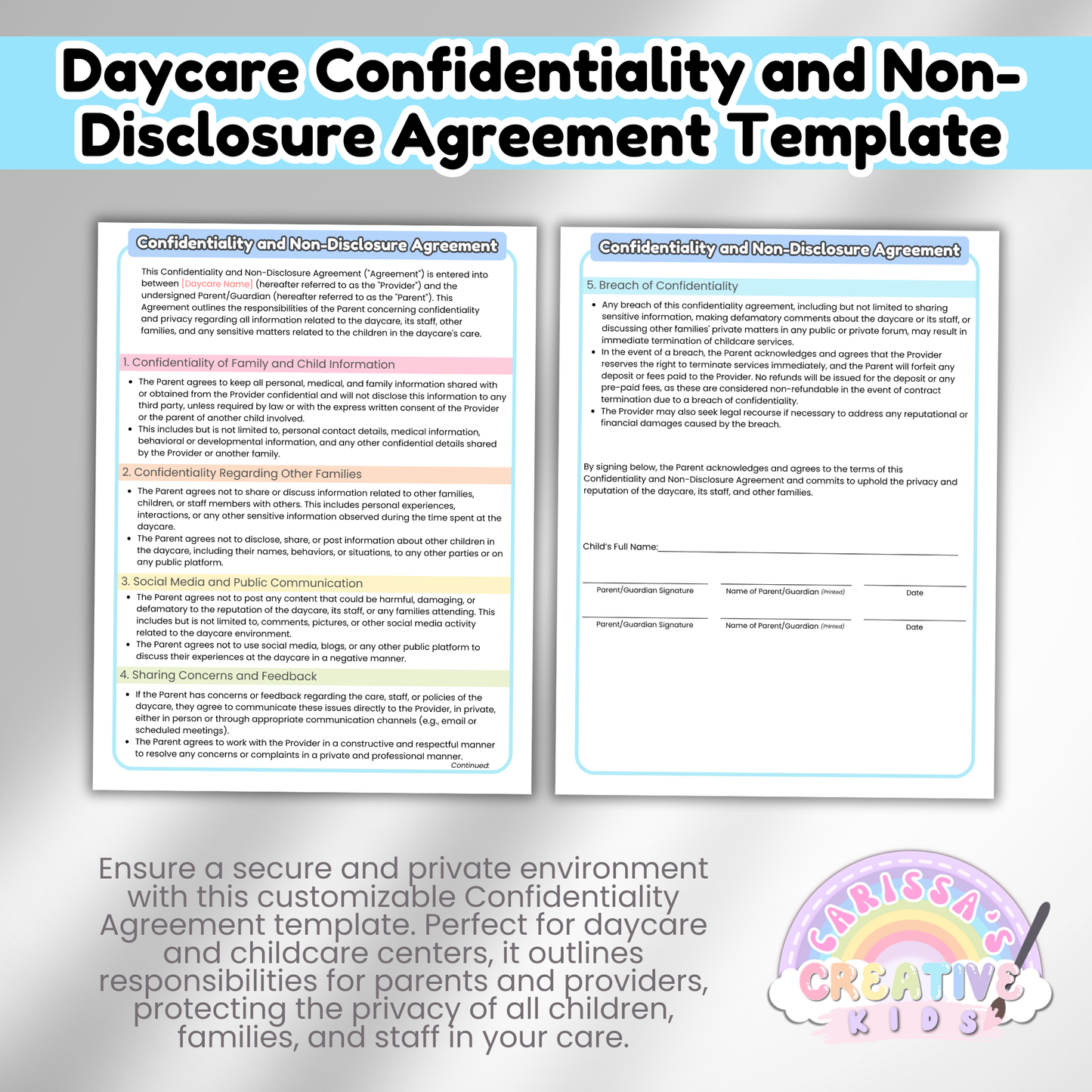Daycare NDA Forms- Non-Disclosure Agreement for Childcare Providers, Childcare Centers and Preschools.