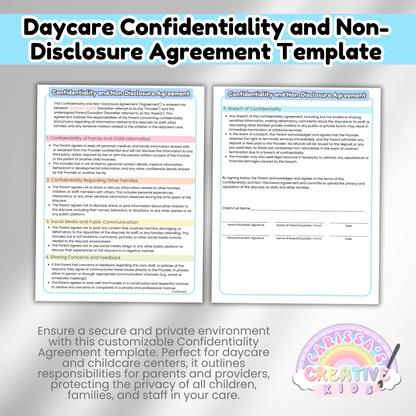 Daycare NDA Forms- Non-Disclosure Agreement for Childcare Providers, Childcare Centers and Preschools.