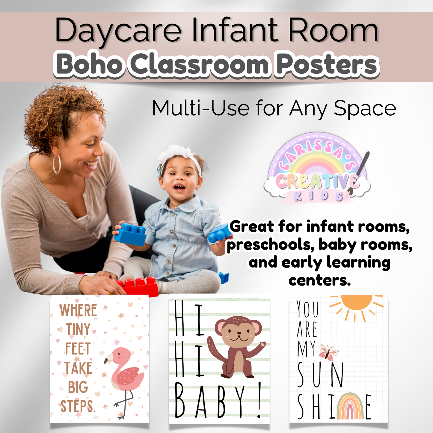 Daycare Infant Classroom Boho Rainbow Theme Posters | Neutral Infant Room
