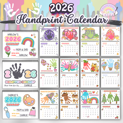 2026 handprint calendar featuring colorful monthly handprint art for kids, perfect as a baby keepsake, preschool craft, or Christmas gift. Includes fun seasonal themes for each month like Valentine's Day, Easter, and Christmas.