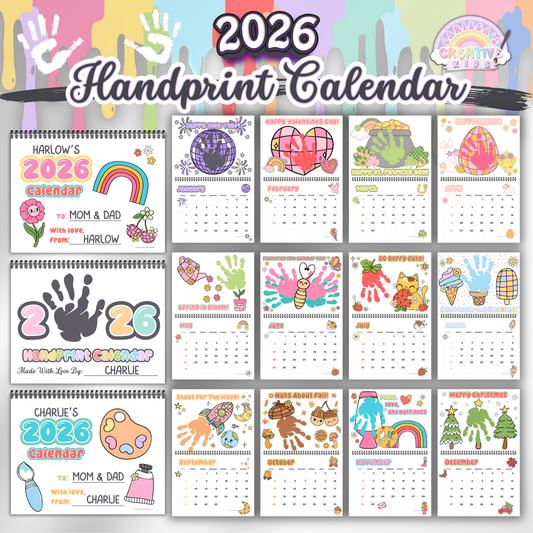 2026 handprint calendar featuring colorful monthly handprint art for kids, perfect as a baby keepsake, preschool craft, or Christmas gift. Includes fun seasonal themes for each month like Valentine's Day, Easter, and Christmas.