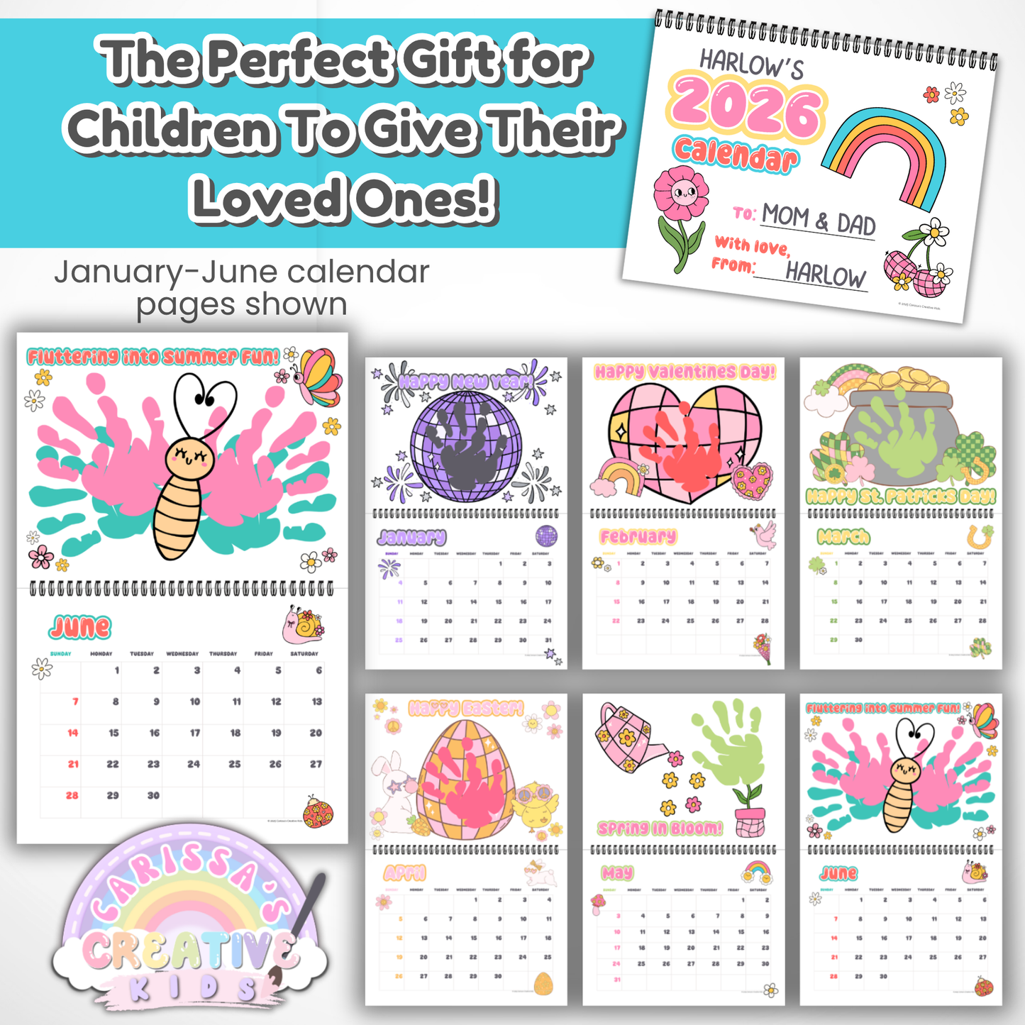 Preview of January through June pages from the 2026 handprint calendar, a perfect gift for parents or grandparents. Includes colorful handprint art for Valentine’s Day, St. Patrick’s Day, Easter, and more. Great for preschool crafts and baby keepsakes.