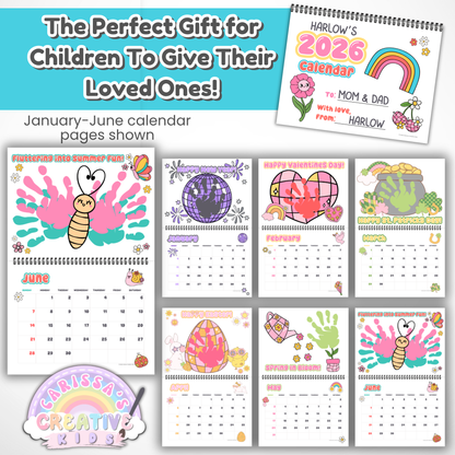 Preview of January through June pages from the 2026 handprint calendar, a perfect gift for parents or grandparents. Includes colorful handprint art for Valentine’s Day, St. Patrick’s Day, Easter, and more. Great for preschool crafts and baby keepsakes.