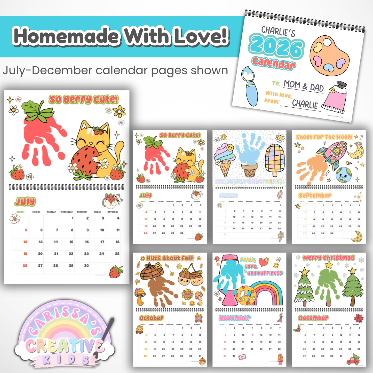 July through December pages from the 2026 handprint calendar, featuring fun seasonal handprint art like fall leaves, ice cream, and Christmas trees. A homemade gift idea and keepsake craft for kids and preschoolers.
