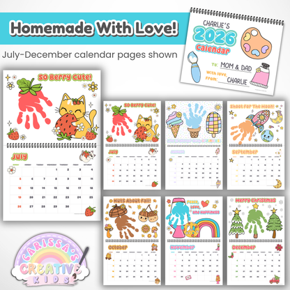 July through December pages from the 2026 handprint calendar, featuring fun seasonal handprint art like fall leaves, ice cream, and Christmas trees. A homemade gift idea and keepsake craft for kids and preschoolers.