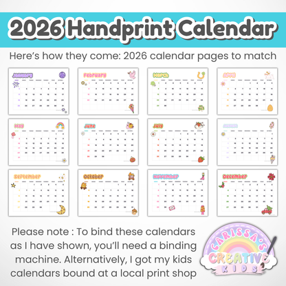 Full set of 2026 monthly calendar pages designed to match handprint art templates. Perfect for preschool crafts, kids' calendar projects, and DIY baby keepsakes. Includes tips for binding at home or print shop.