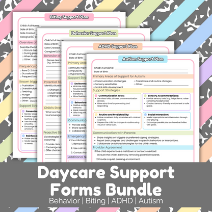 Daycare Support Forms Bundle | Biting, Behavior, ADHD, and Autism Support Plans
