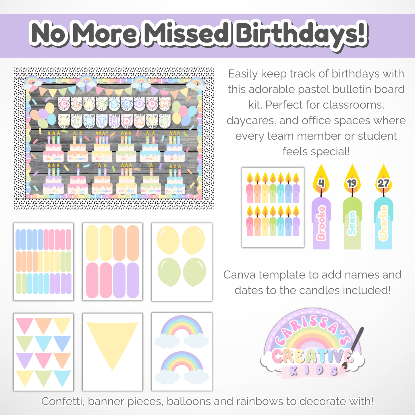 Printable Birthday Board for Classrooms & Daycares | Pastel Rainbow Classroom Decor