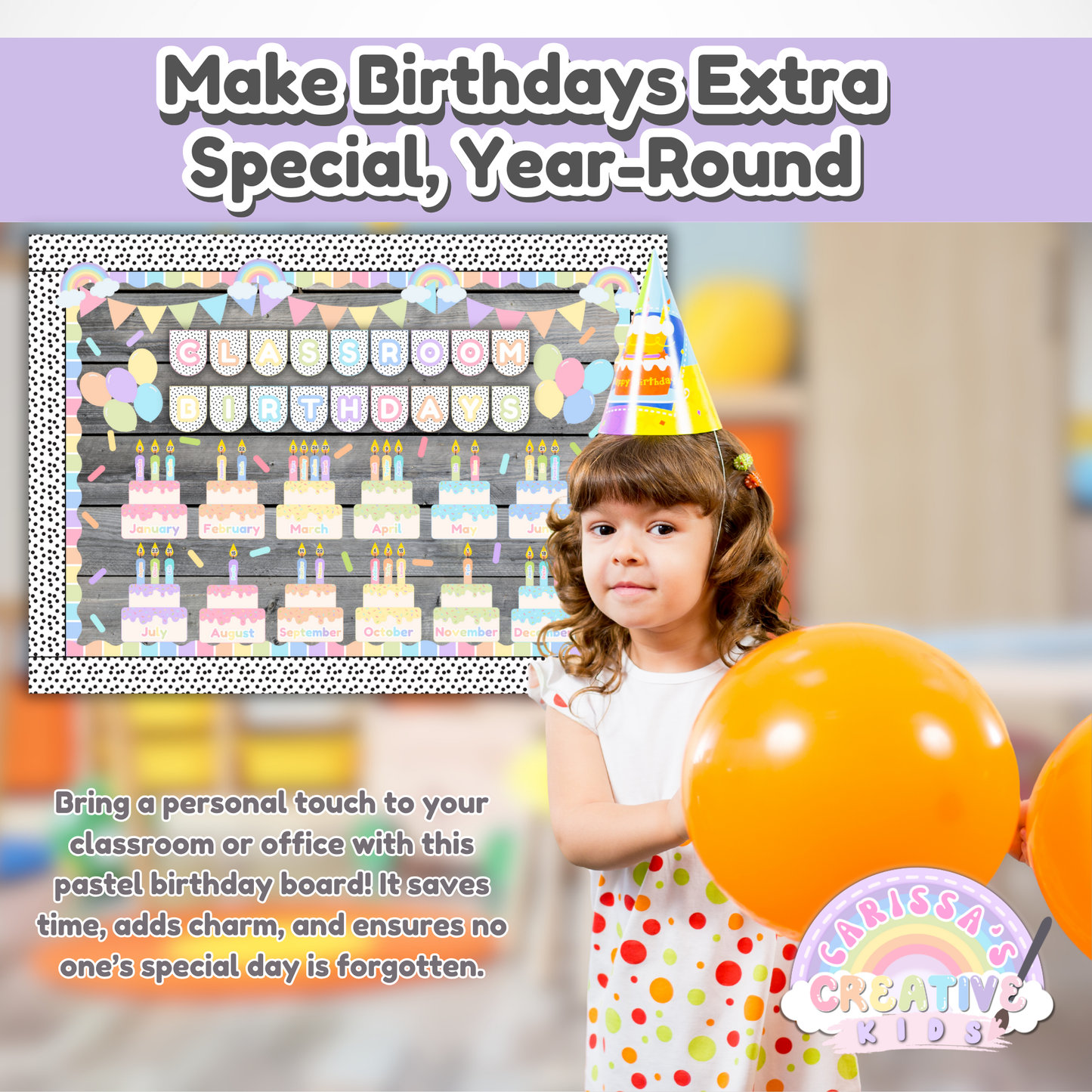 Printable Birthday Board for Classrooms & Daycares | Pastel Rainbow Classroom Decor