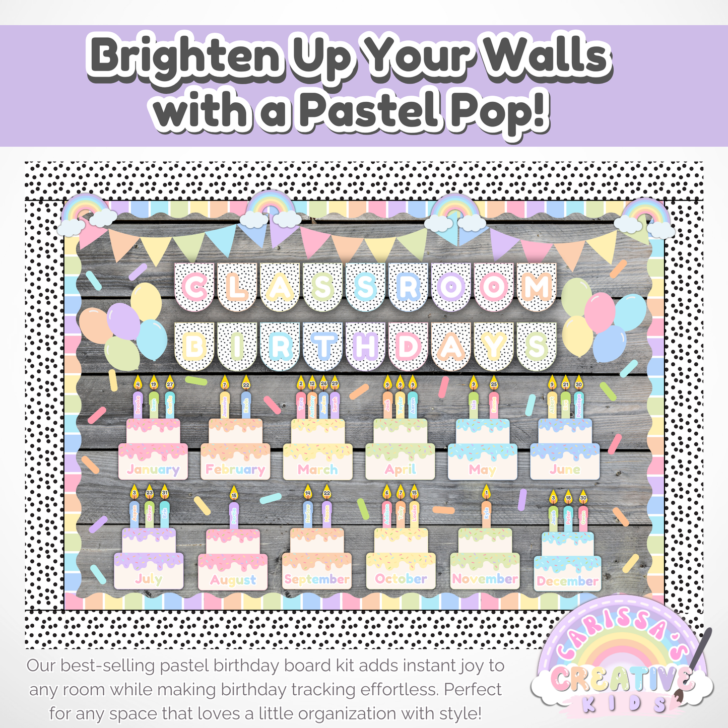 Printable Birthday Board for Classrooms & Daycares | Pastel Rainbow Classroom Decor
