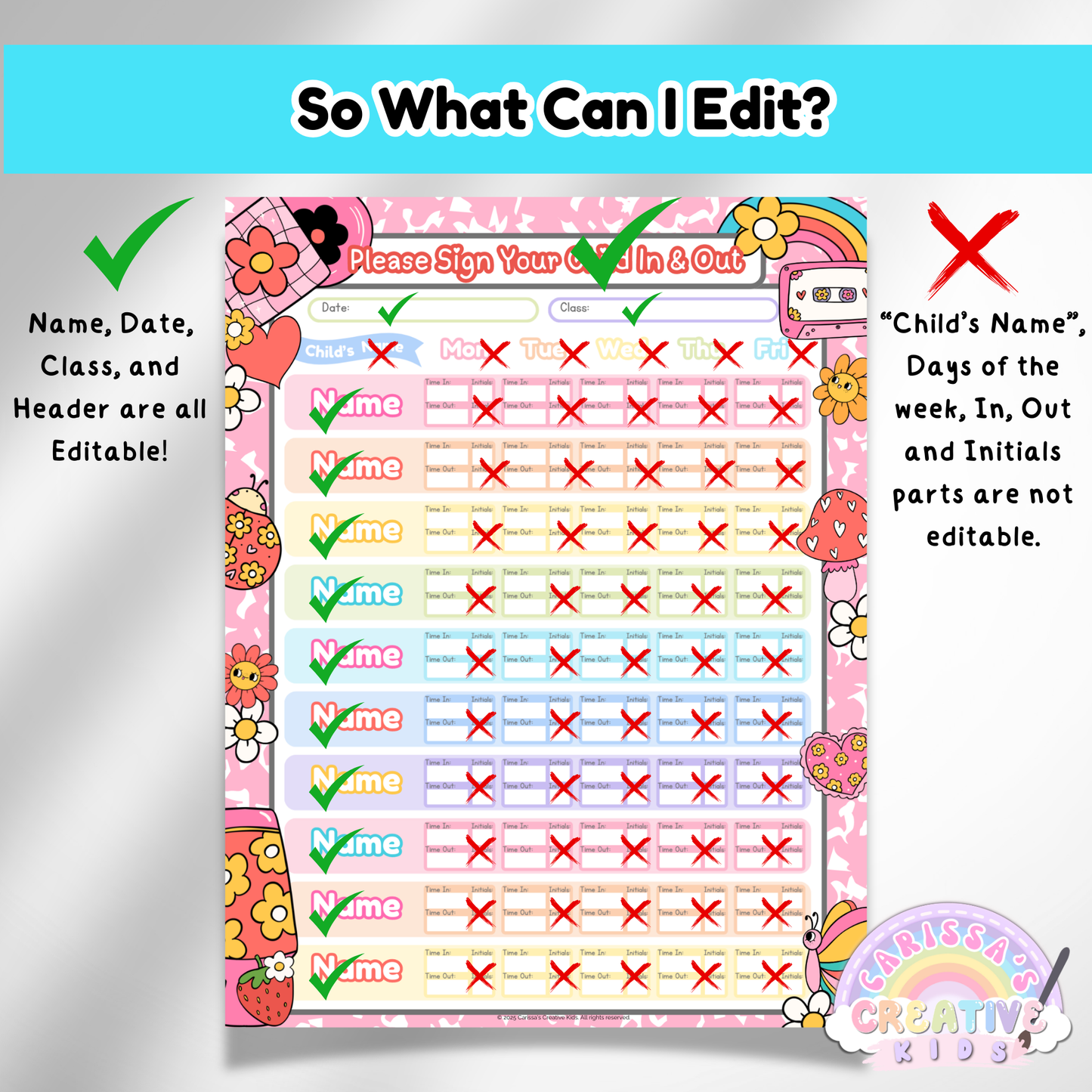 Childcare Sign in and Out Sheets | Printable PDF Canva Template