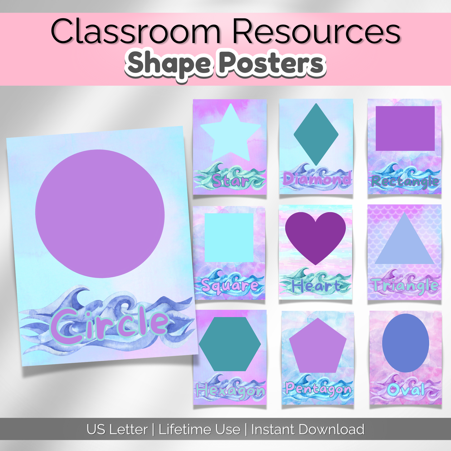 Under the Sea Watercolor Classroom Shape Posters | Preschool Printable Wall Art