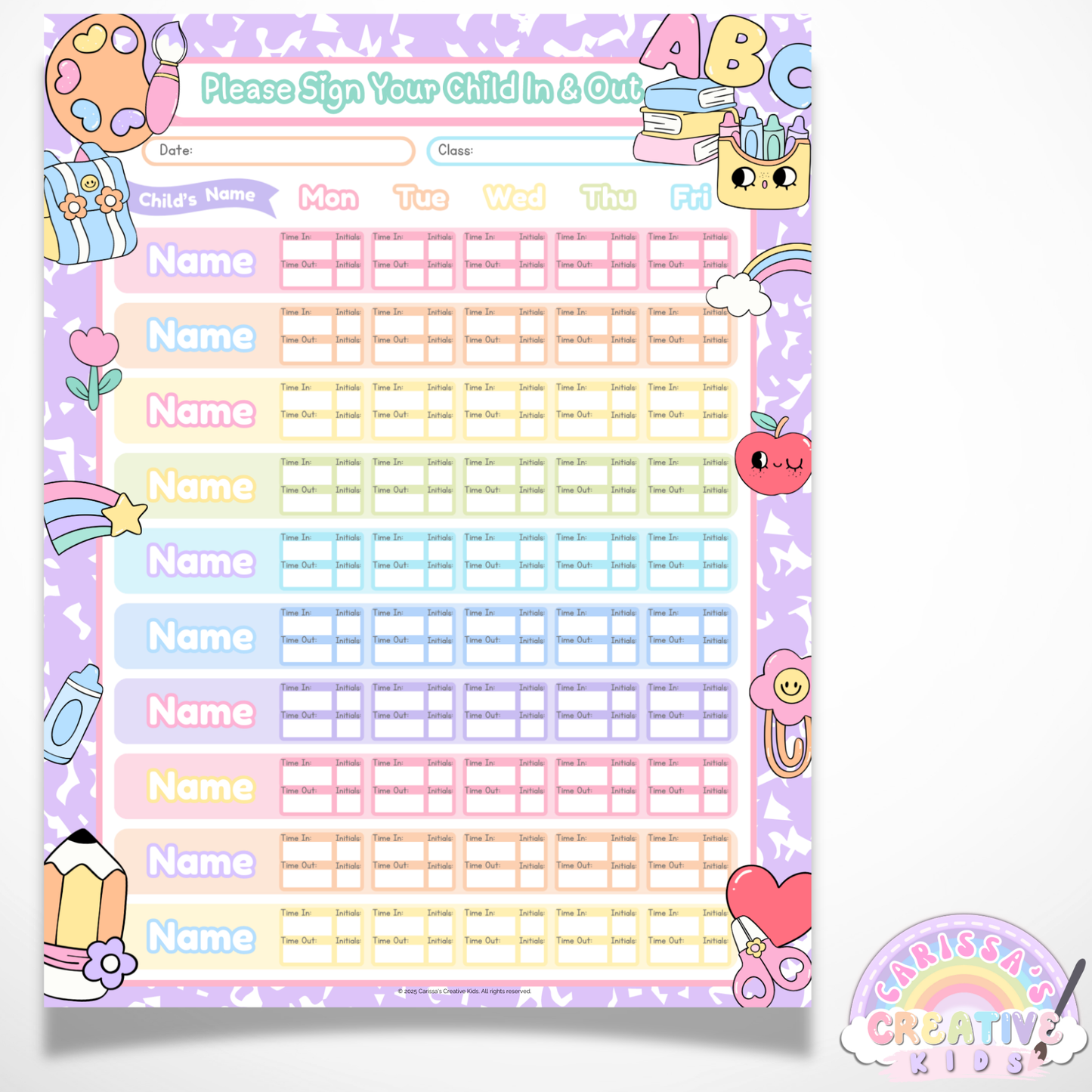 Childcare Sign in and Out Sheets | Printable PDF Canva Template