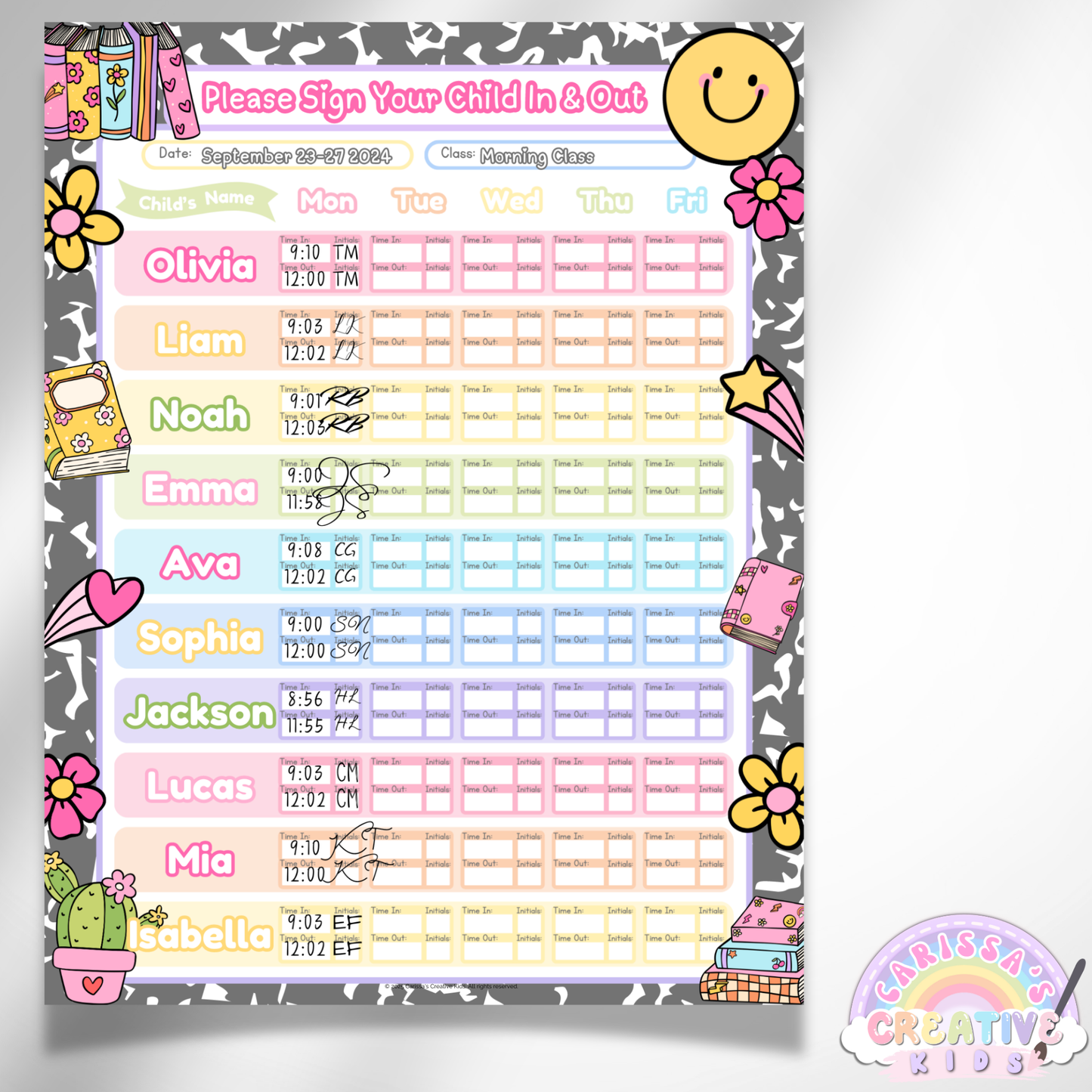 Childcare Sign in and Out Sheets | Printable PDF Canva Template