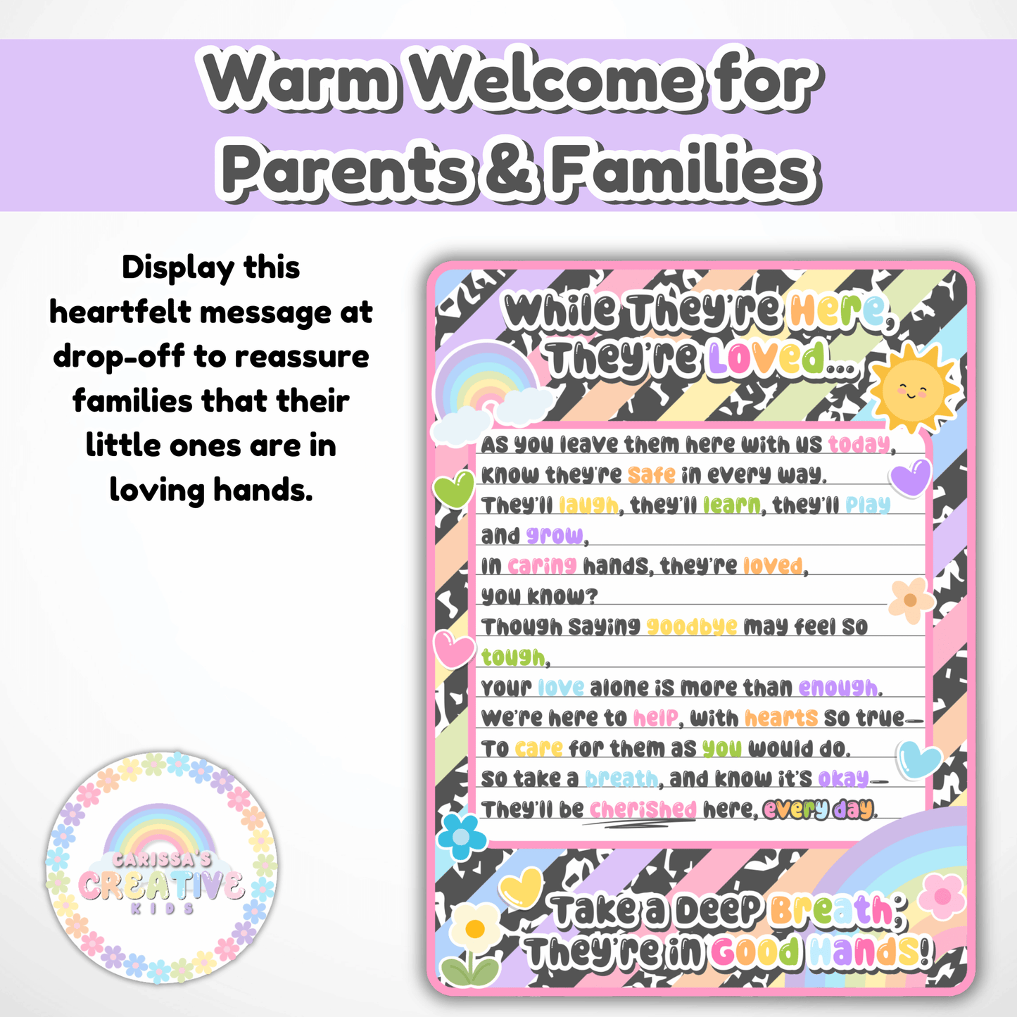 Childcare Entry Poem Wall Art Poster | drop off Reassurance for Daycare Parent | Classroom Decor | Digital Download | Preschool Boot room