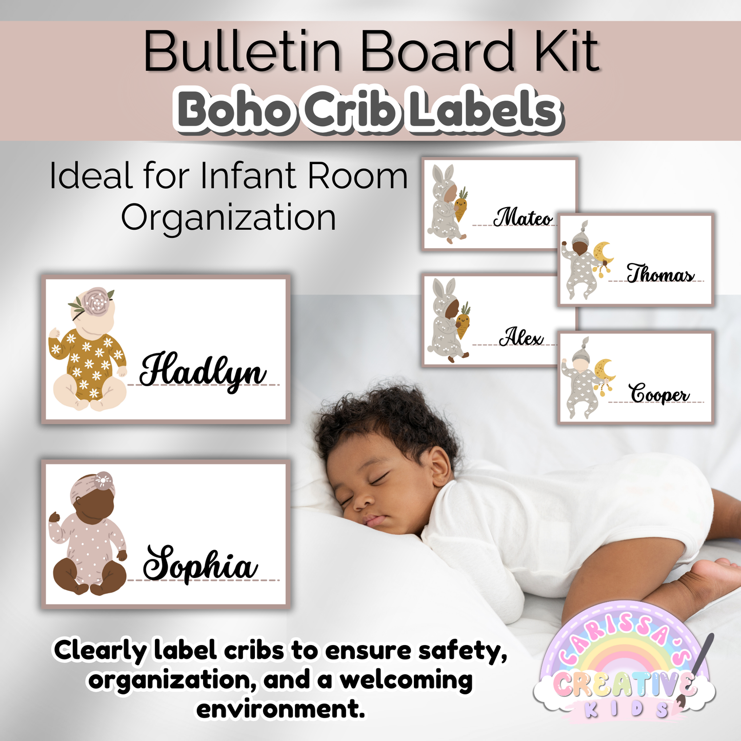 Boho Daycare Crib Labels Infant Classroom Printables Template | Cubbie Name Tags
