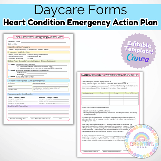 Daycare Forms- Heart Condition Emergency Action Plan Editable Template