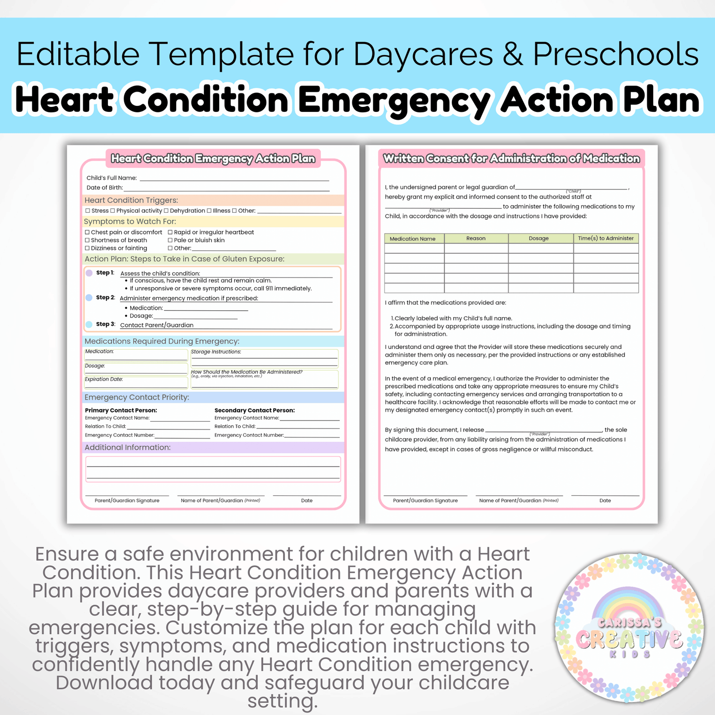 Daycare Forms- Heart Condition Emergency Action Plan Editable Template