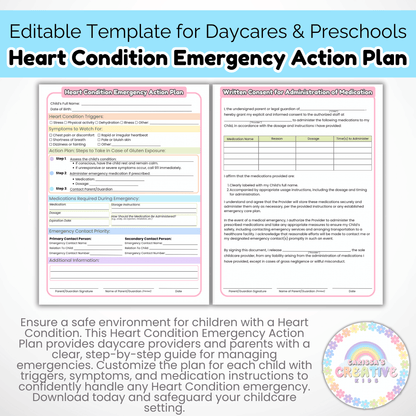 Daycare Forms- Heart Condition Emergency Action Plan Editable Template
