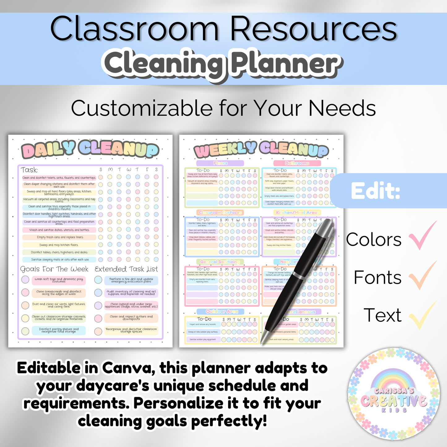 Daycare Classroom Cleaning Planner | Editable Template
