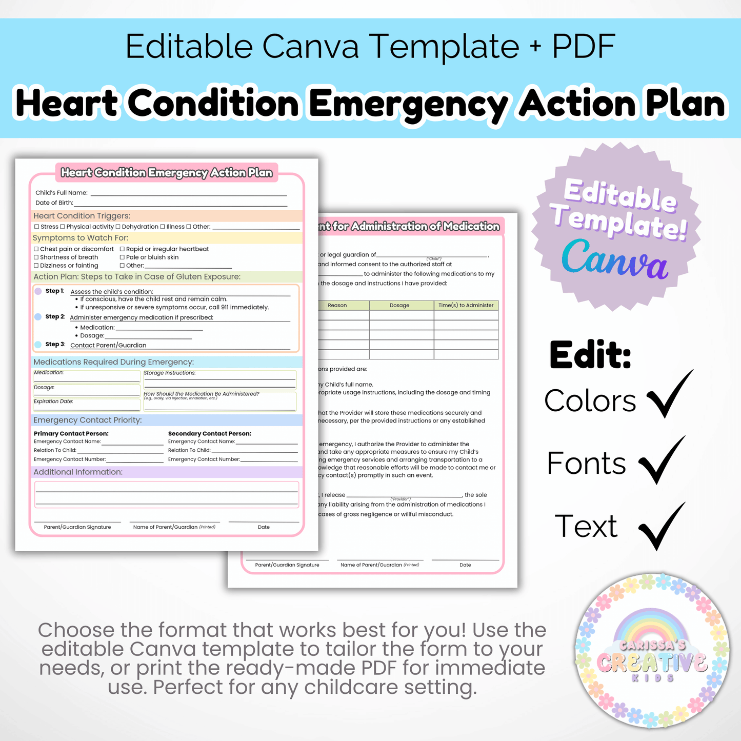Daycare Forms- Heart Condition Emergency Action Plan Editable Template
