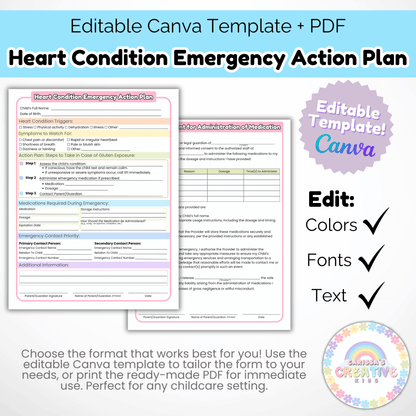 Daycare Forms- Heart Condition Emergency Action Plan Editable Template