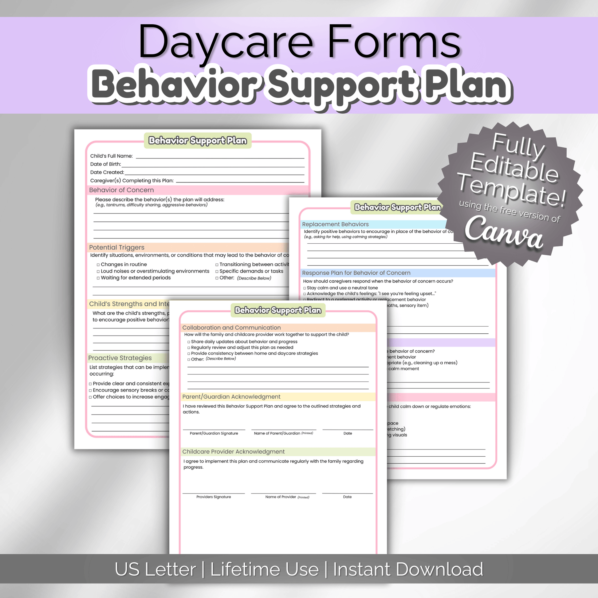 Behavior management form for childcare, preschool, or daycare center