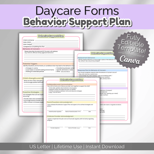 Behavior management form for childcare, preschool, or daycare center
