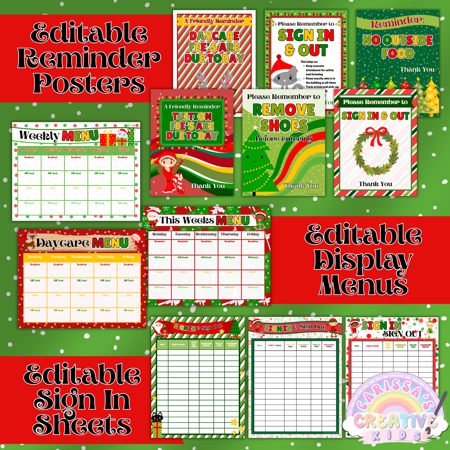 Editable Reminder Posters, Sign-In Sheets, and Menu Templates – Christmas-themed daycare forms for preschool communication. Includes tuition and shoe reminders, sign-in/out logs, and weekly menu templates. Designed for winter parent boards and classroom organization.