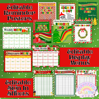 Editable Reminder Posters, Sign-In Sheets, and Menu Templates – Christmas-themed daycare forms for preschool communication. Includes tuition and shoe reminders, sign-in/out logs, and weekly menu templates. Designed for winter parent boards and classroom organization.