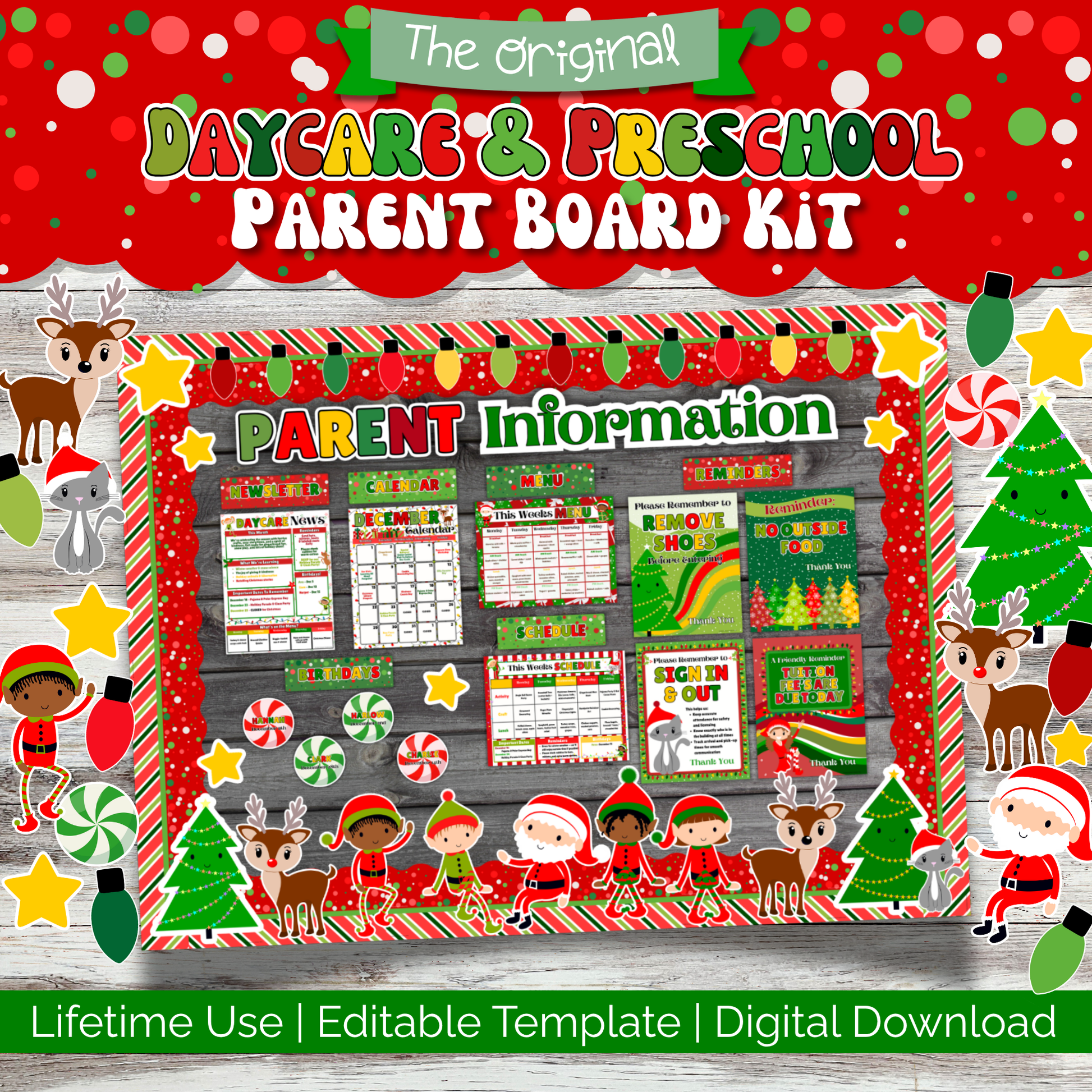 Christmas Parent Board Kit for Daycare & Preschool – Editable Holiday Bulletin Board with Santa’s Little Helpers Theme. Includes newsletter, calendar, menu, reminders, and schedule templates for parent communication. Perfect for classroom decor, winter displays, and daily daycare routines.