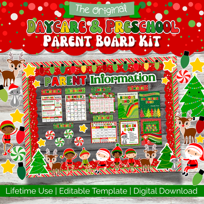 Christmas Parent Board Kit for Daycare & Preschool – Editable Holiday Bulletin Board with Santa’s Little Helpers Theme. Includes newsletter, calendar, menu, reminders, and schedule templates for parent communication. Perfect for classroom decor, winter displays, and daily daycare routines.
