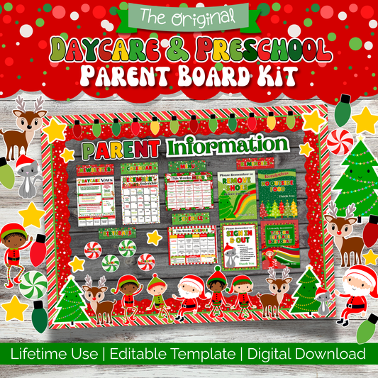 Christmas Parent Board Kit for Daycare & Preschool – Editable Holiday Bulletin Board with Santa’s Little Helpers Theme. Includes newsletter, calendar, menu, reminders, and schedule templates for parent communication. Perfect for classroom decor, winter displays, and daily daycare routines.