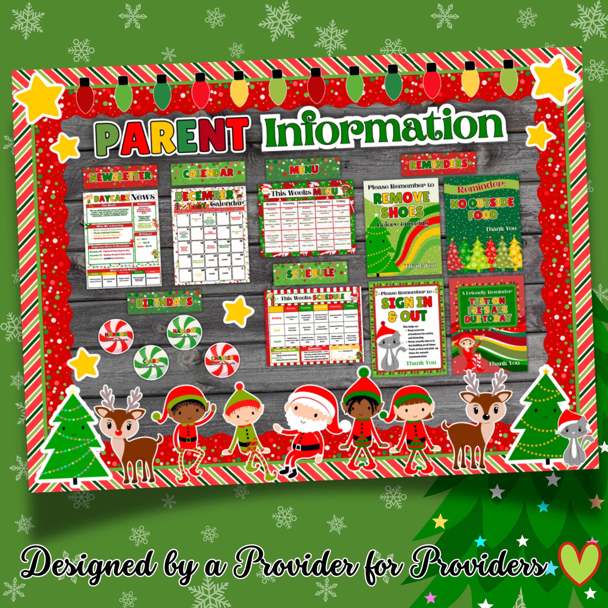 Christmas Parent Information Board Display for Daycare and Preschool – Santa’s Little Helpers themed bulletin board with editable reminders, menu, calendar, and weekly activities. Designed by a provider for providers to streamline parent communication.