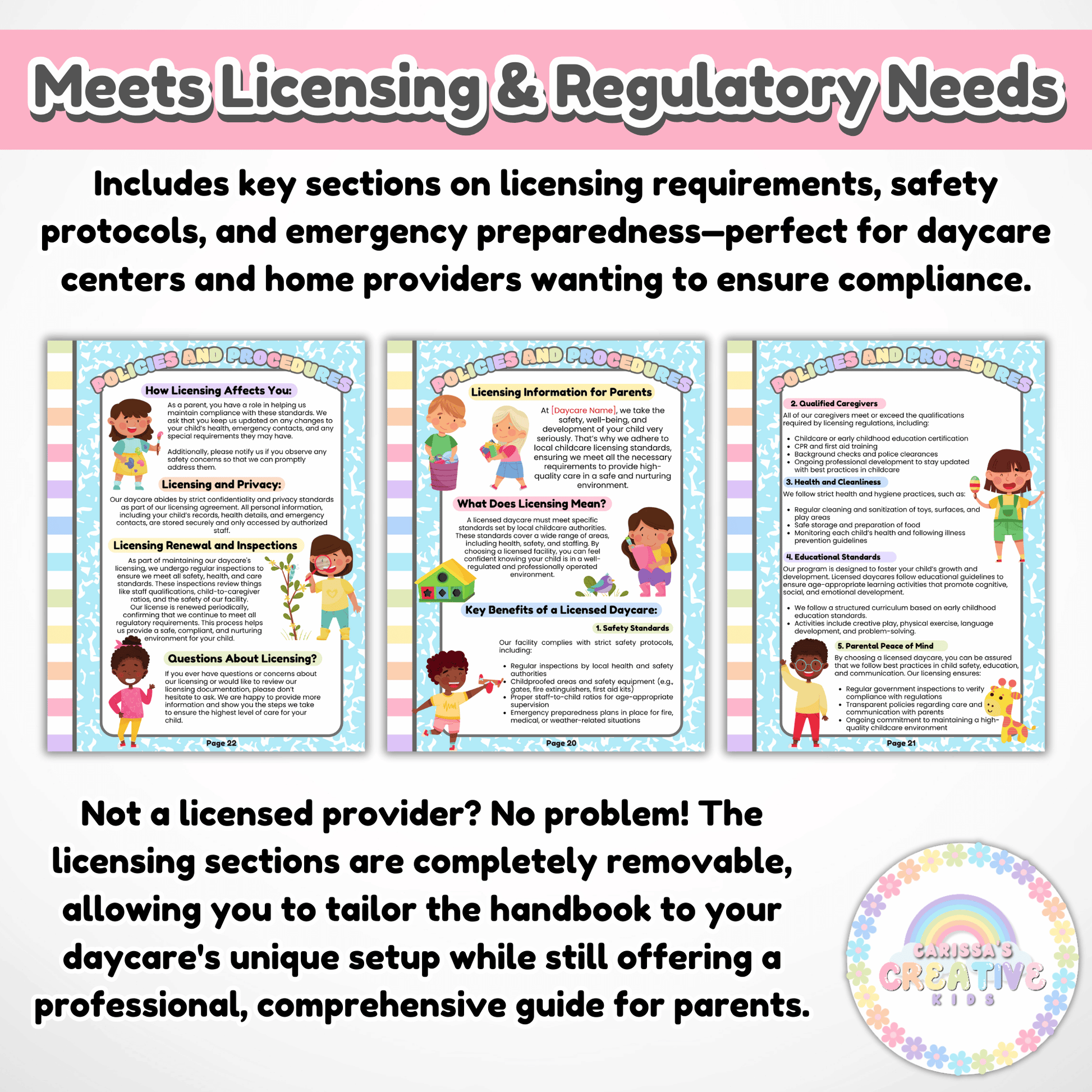 Sections on daycare licensing and regulatory requirements that are included in the parent handbook