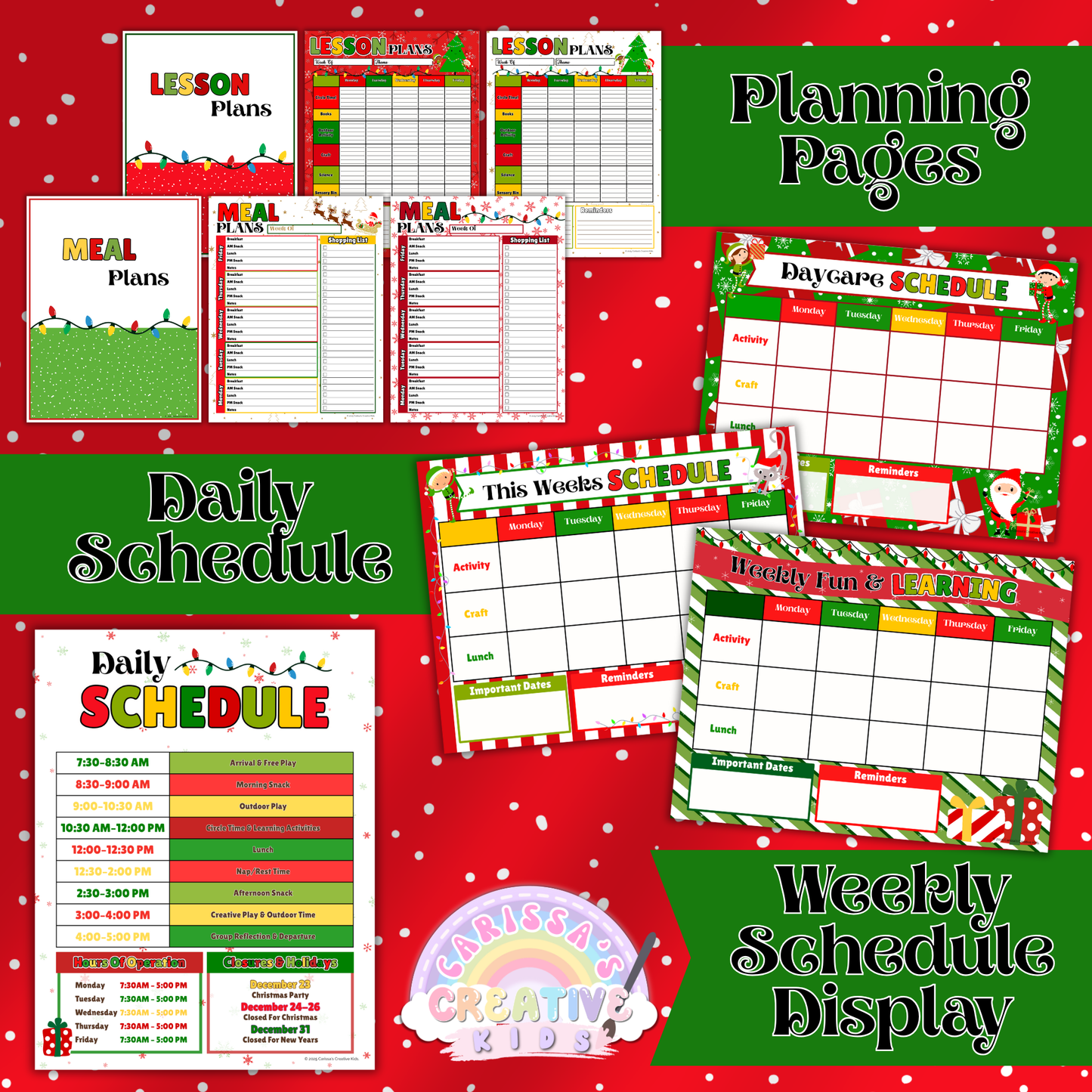 Christmas Daycare Planning Pages and Weekly Schedule Templates – Includes editable daily schedule, lesson plans, and meal planning sheets with Santa’s Little Helpers theme. Perfect for organizing preschool routines and enhancing your holiday parent board display.