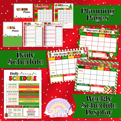 Christmas Daycare Planning Pages and Weekly Schedule Templates – Includes editable daily schedule, lesson plans, and meal planning sheets with Santa’s Little Helpers theme. Perfect for organizing preschool routines and enhancing your holiday parent board display.