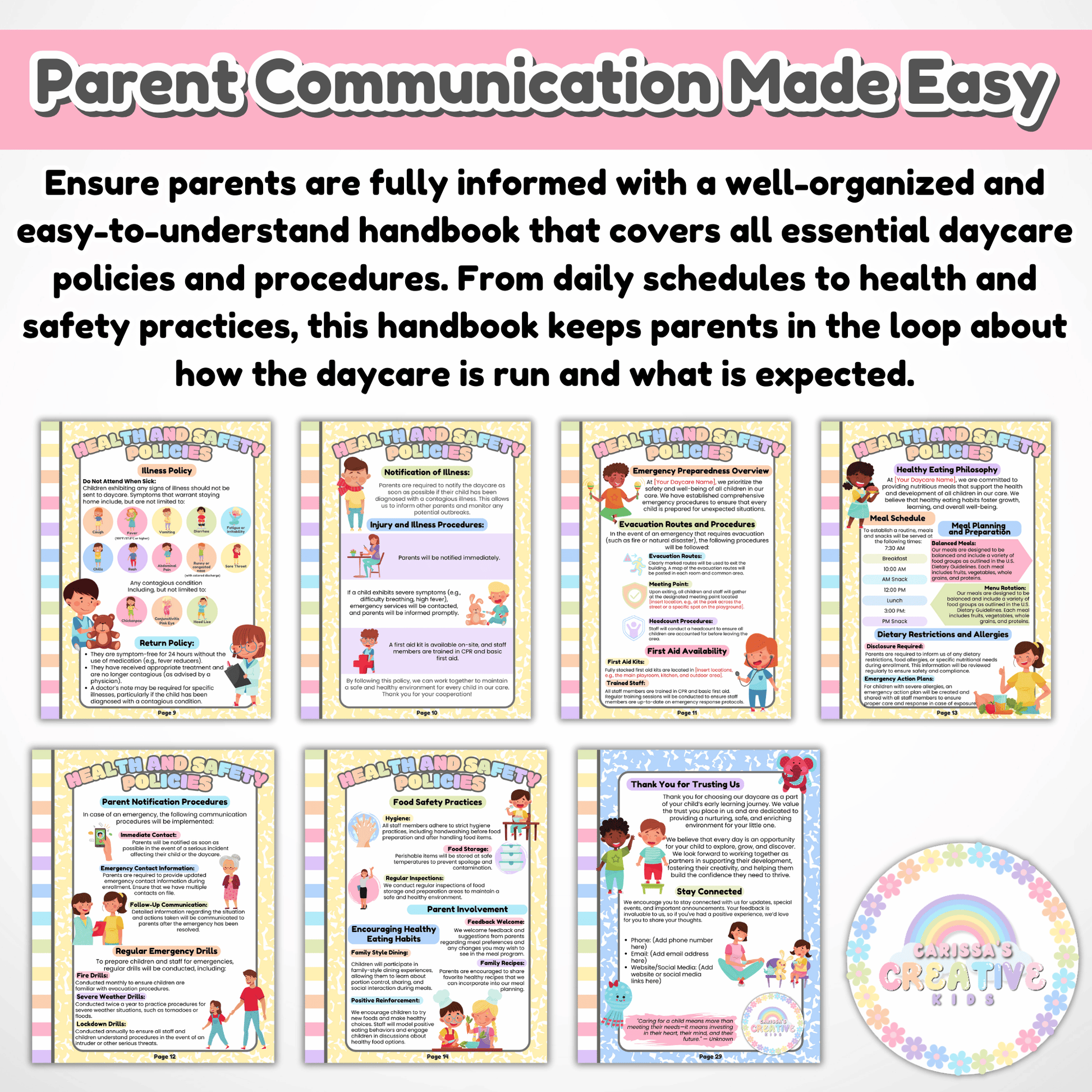 Daycare Policies and Procedures on health and safety related topics included in the Parent Handbook sample pages